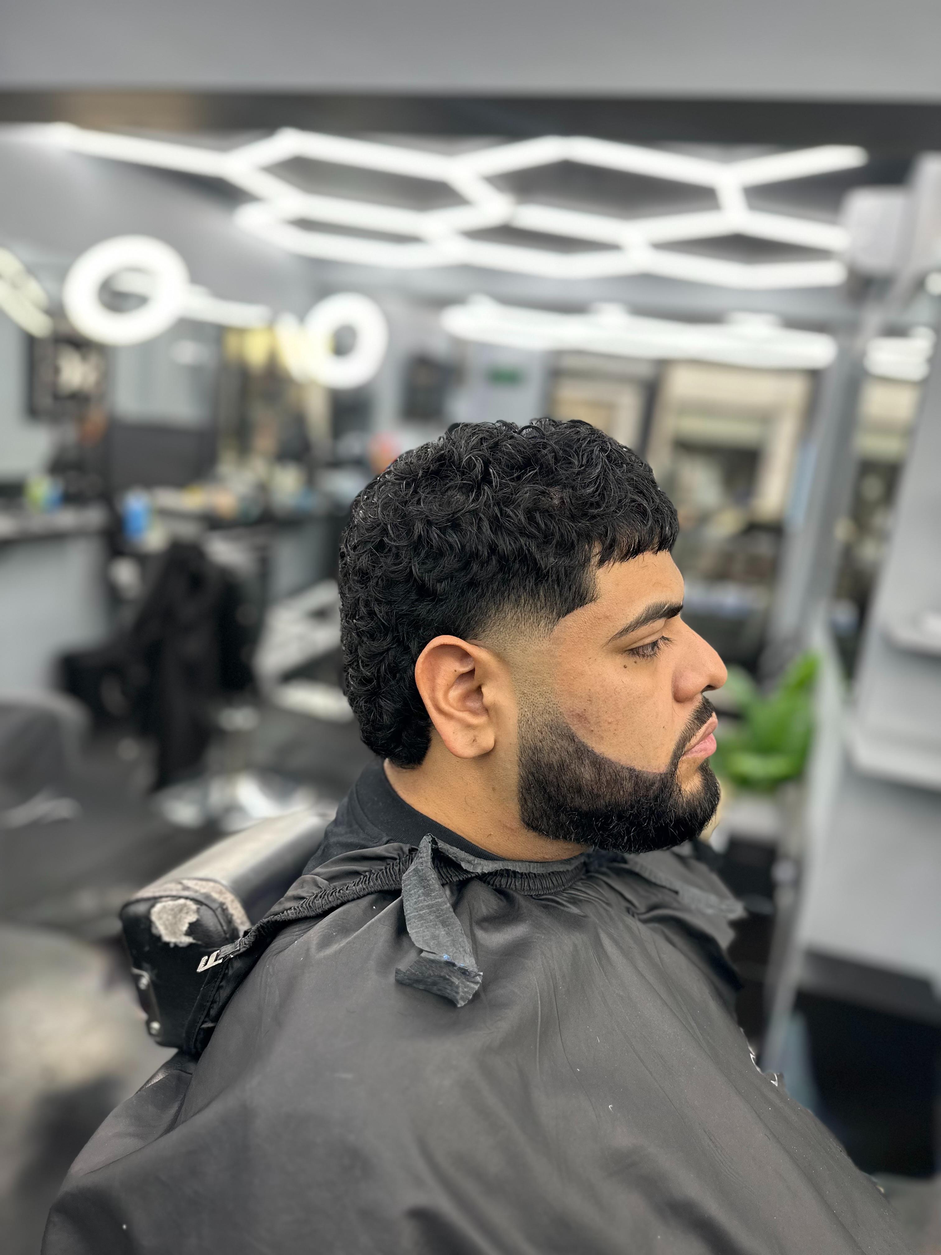 Curly top with beard lineup